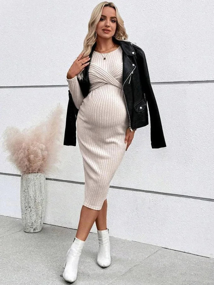 Ribbed Maternity Dress with Tie Details – image 7