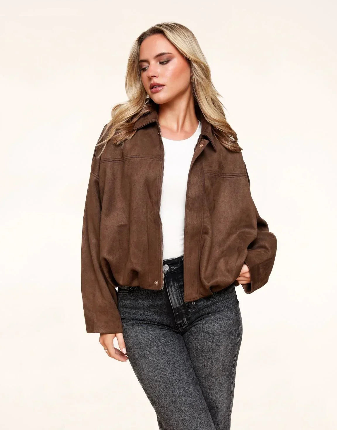 Dark Brown Suede Bomber Jacket – image 3