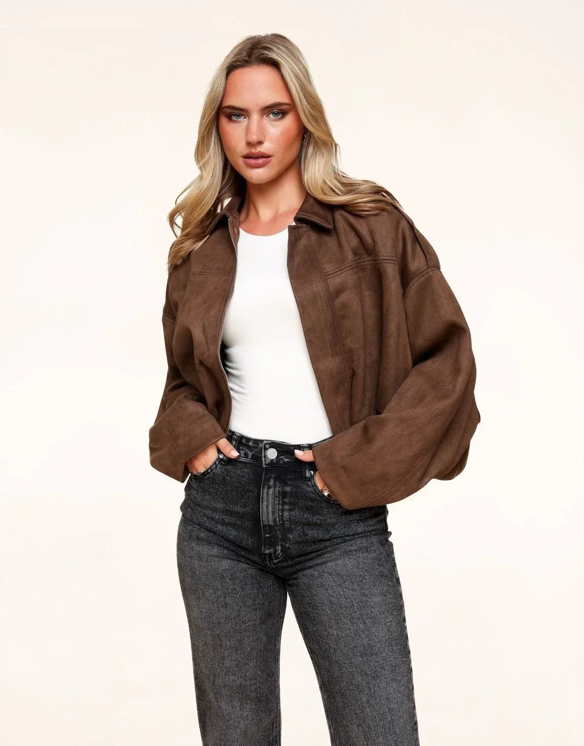 Dark Brown Suede Bomber Jacket – image 4