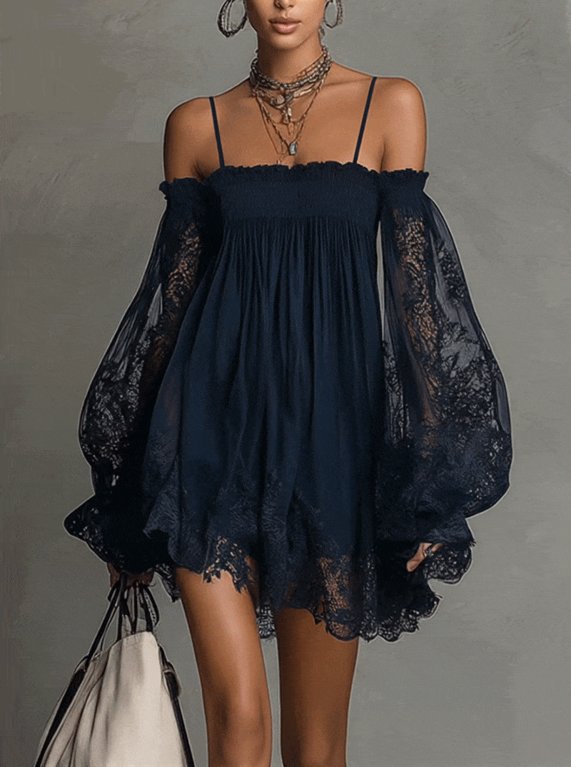 Noemi – Chiffon mini dress with an off-the-shoulder neckline, lace trim, and sheer sleeves – image 3