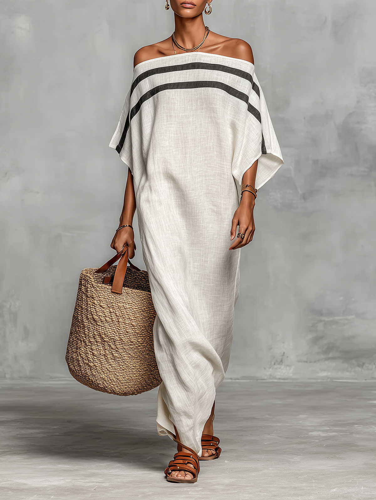 Women's Minimalist Linen Maxi Dress with Off-the-Shoulder Batwing Sleeves – image 1
