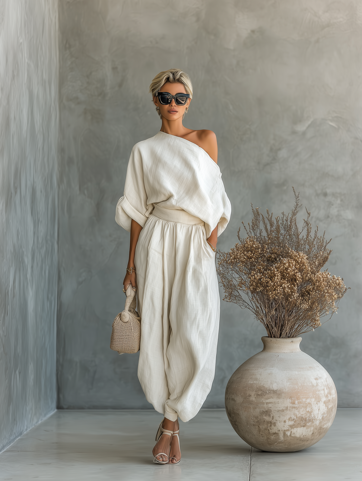 Women's Off-White Linen Set with Off-Shoulder Top and Tapered trousers – image 2