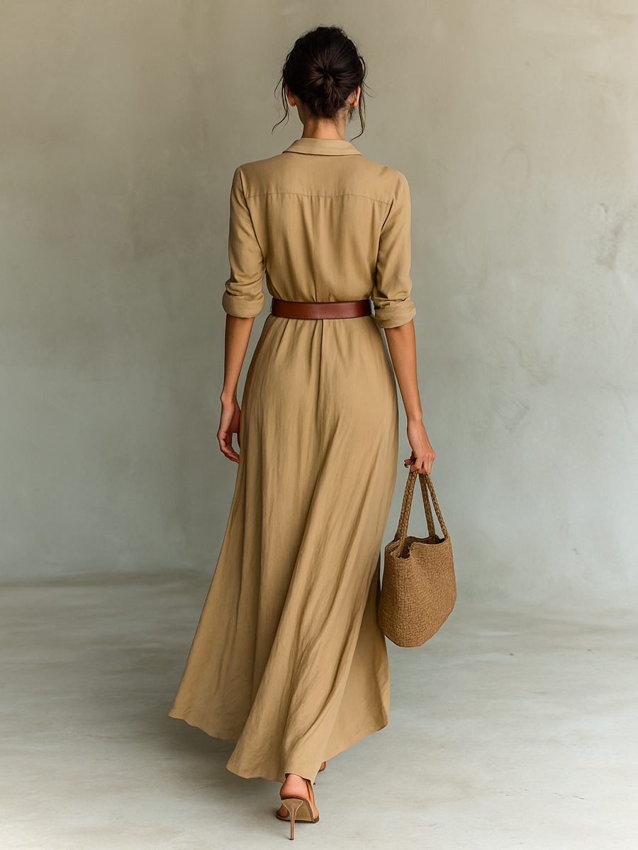 Maxi Long Dress with Lapel Collar and Long Sleeves – image 4