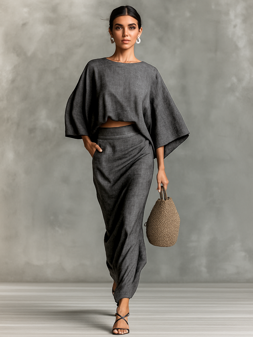 Two-Piece Cotton-Linen Blend Maxi Skirt Set with Batwing Sleeves – image 5