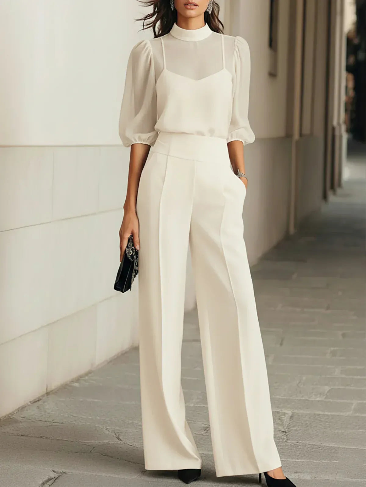 Valentina • Black Three-Piece Set with Sheer Camisole Top and Wide-Leg Trousers – image 1