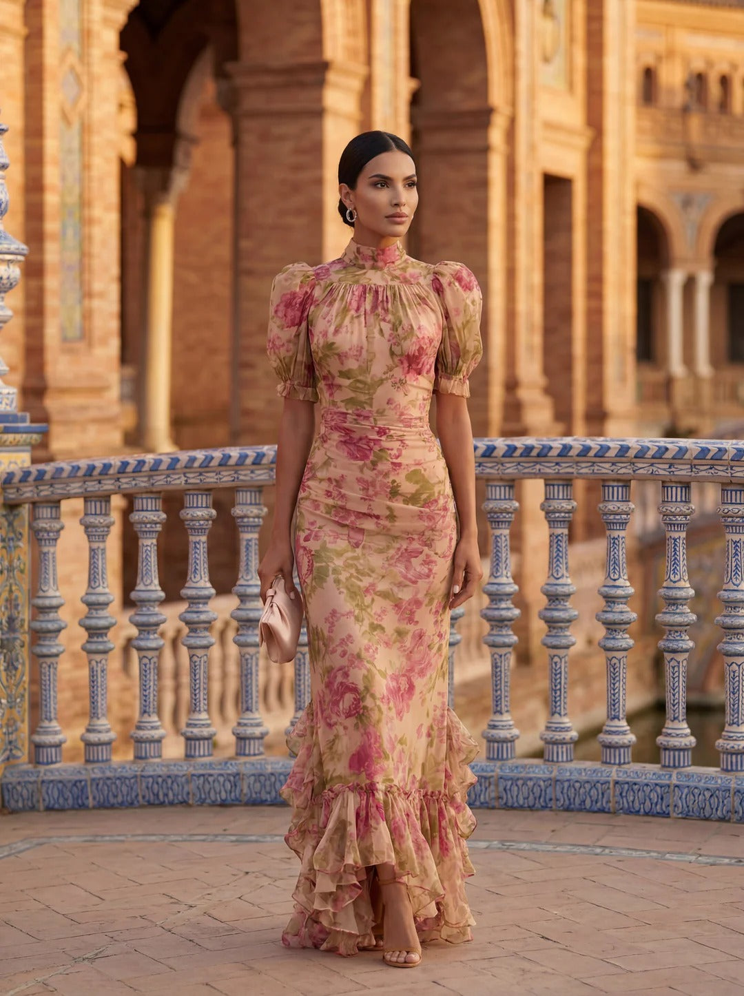 Fiora – Vintage Rose Print Maxi Dress with Puff Sleeves – image 1