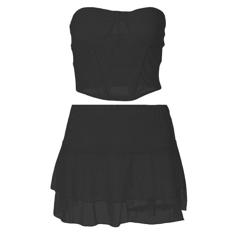 Mesh solid sleeveless backless lace hem tube top skirt set – image 12