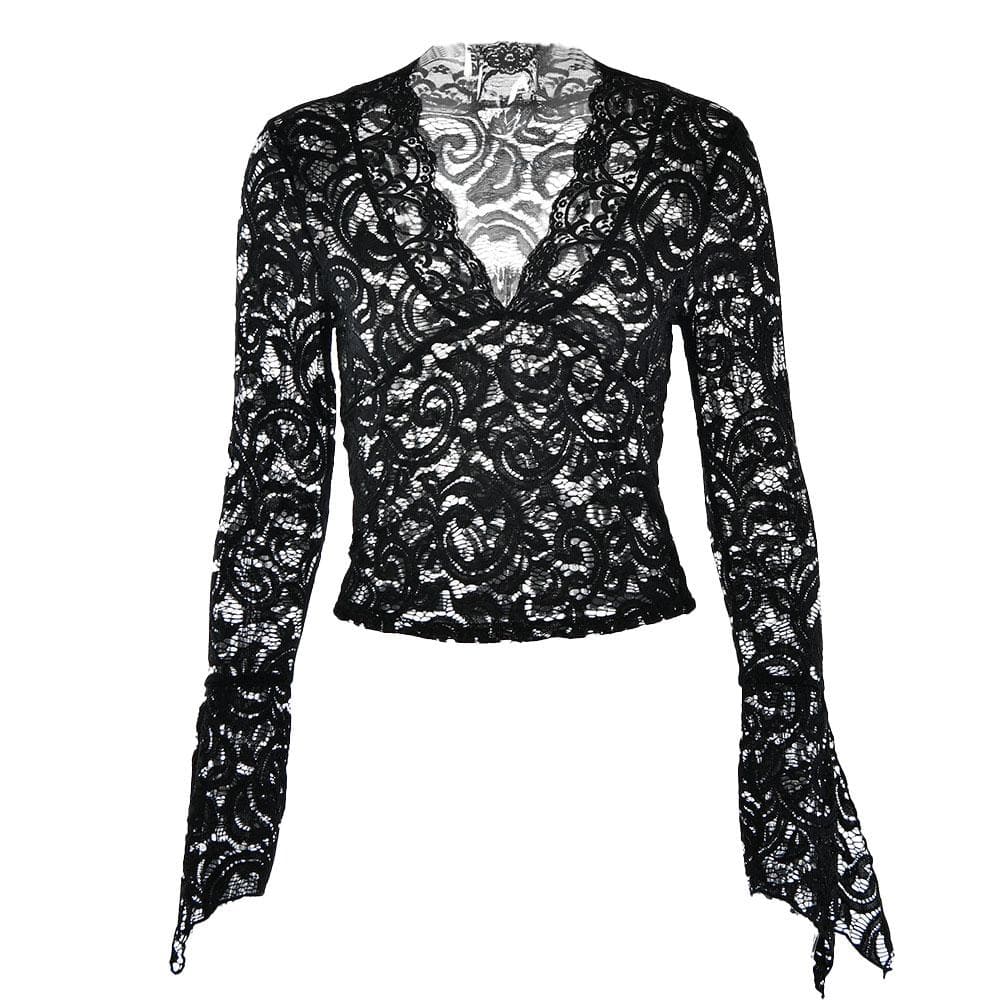 Flared sleeve v neck lace see through solid top – image 4