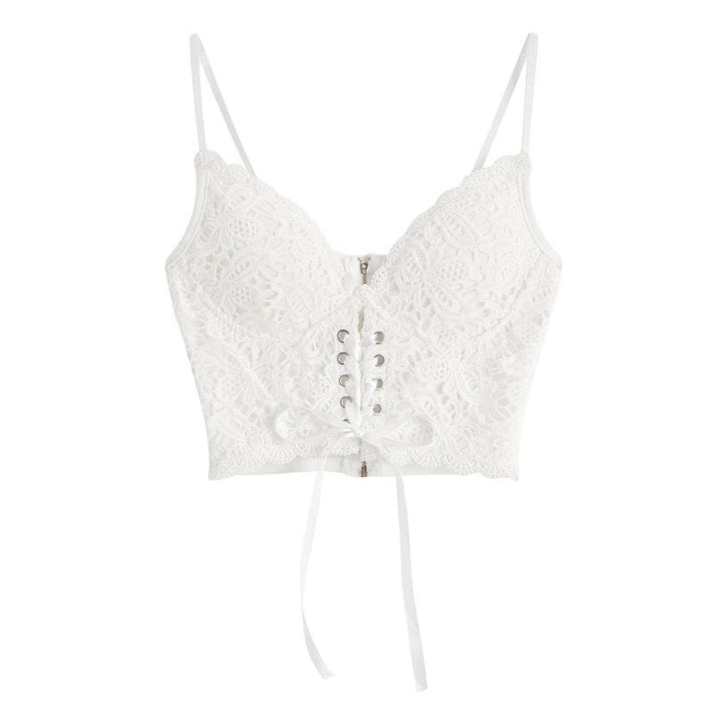 V neck heart neck solid lace up zip-up lace hem cami top – image 6