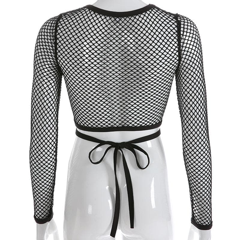 Round neck long sleeve tie back fishnet top – image 5