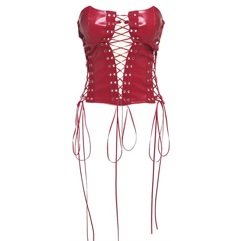 Lace up zip-up PU leather solid corset tube top – image 4