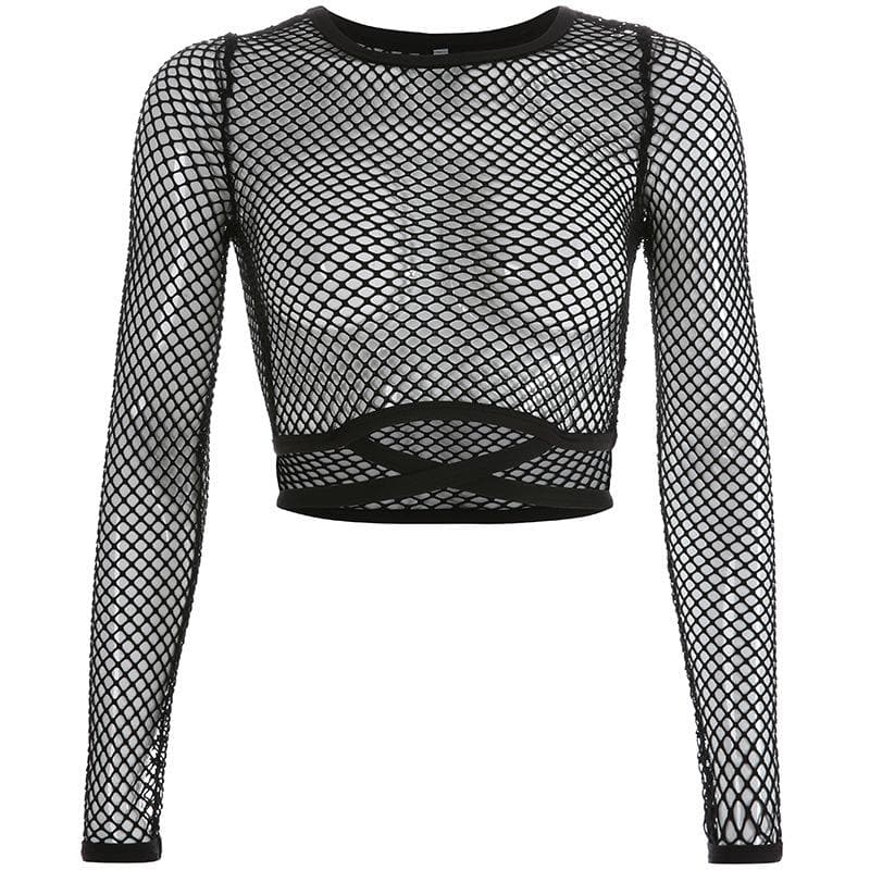 Round neck long sleeve tie back fishnet top – image 2
