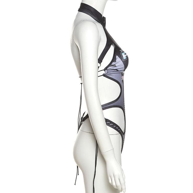 Sleeveless hollow out contrast print halter backless bodysuit – image 6