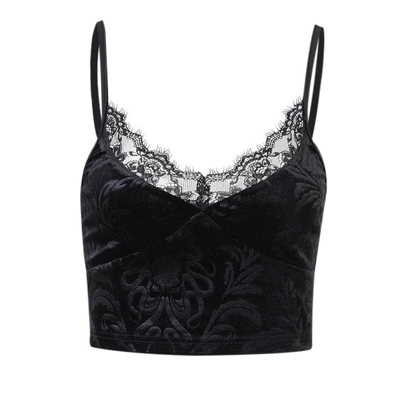 Velvet pattern eyelash lace v neck cami top – image 2