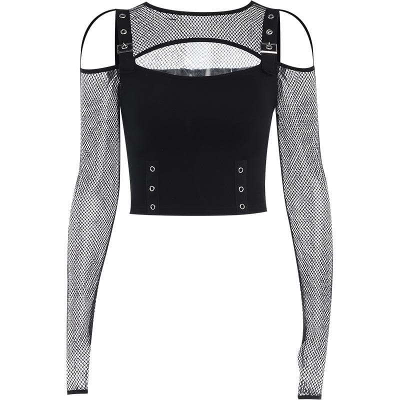 Fishnet patchwork off shoulder buckle long sleeve crop top – image 3