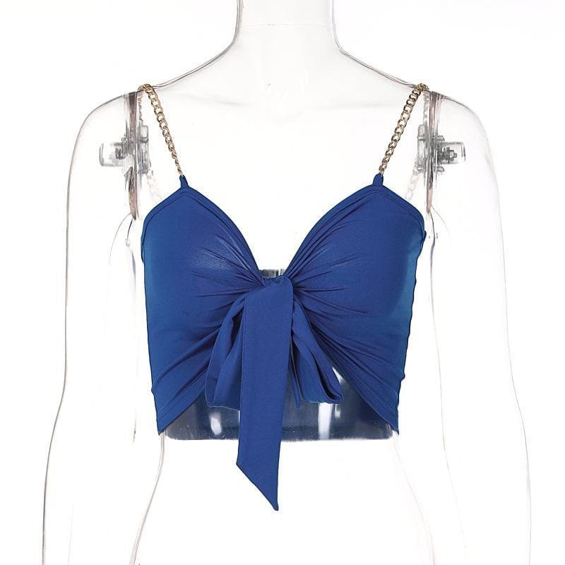 Metal chain knotted ruched solid crop top – image 5
