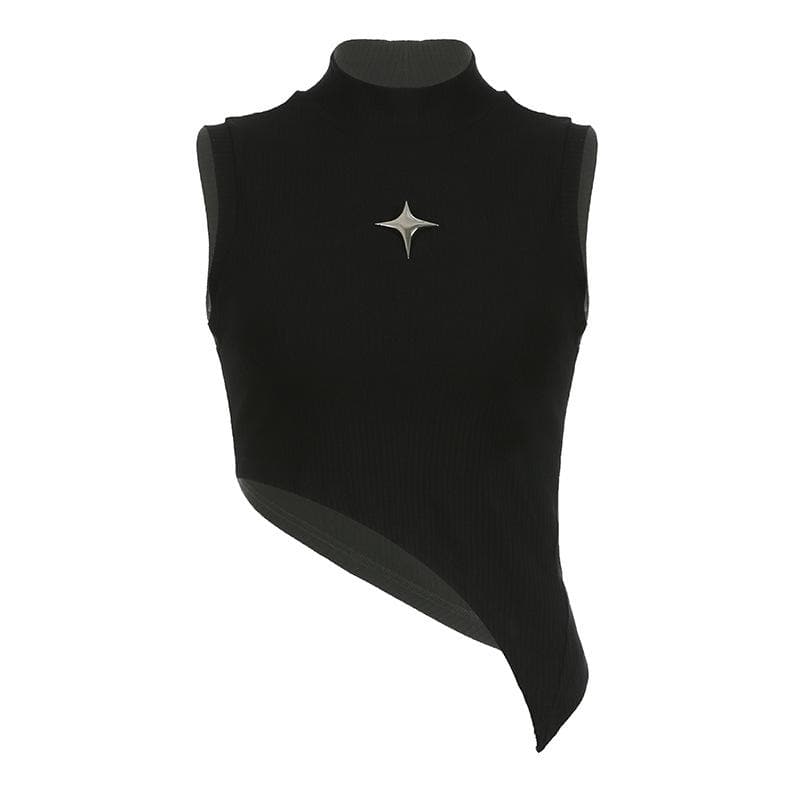 Star applique irregular sleeveless high neck crop top – image 2