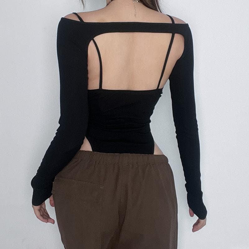 Buckle mesh off shoulder long sleeve solid shrug 2 piece bodysuit – image 6