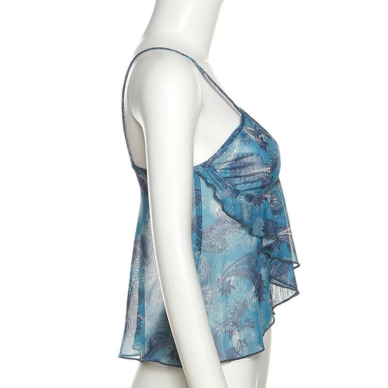 Sheer mesh see through v neck ruffle backless cami crop top – image 6