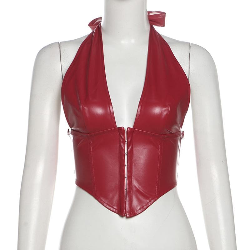 Halter PU leather V neck corset button top – image 3