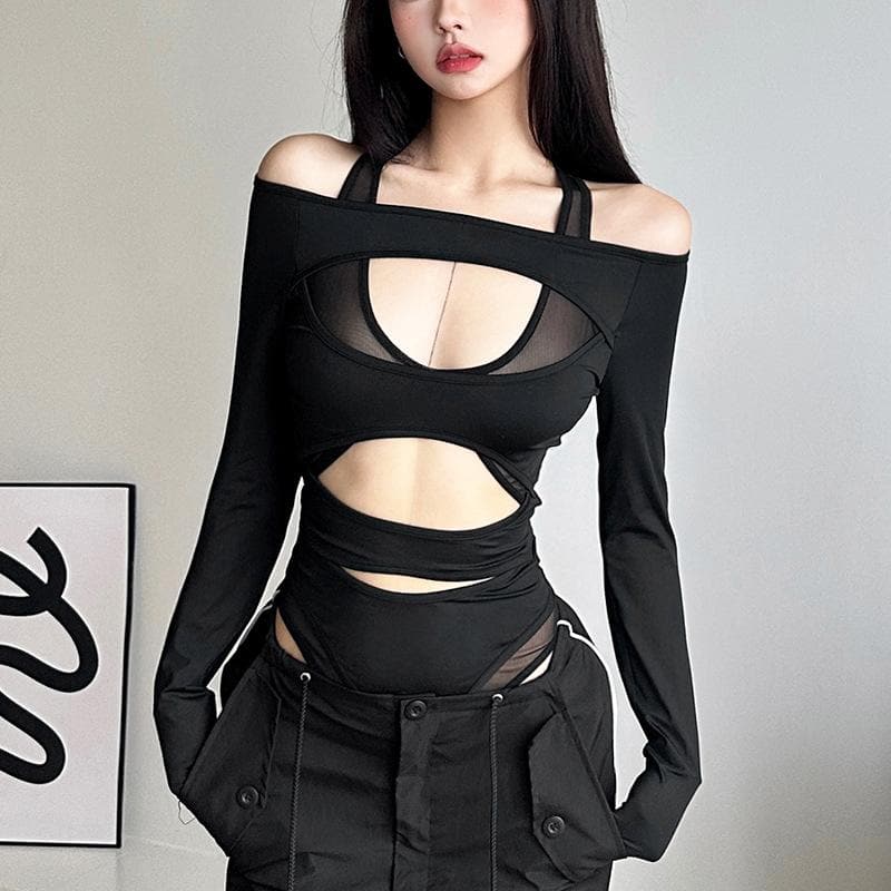Hollow out solid long sleeve off shoulder mesh bodysuit – image 5