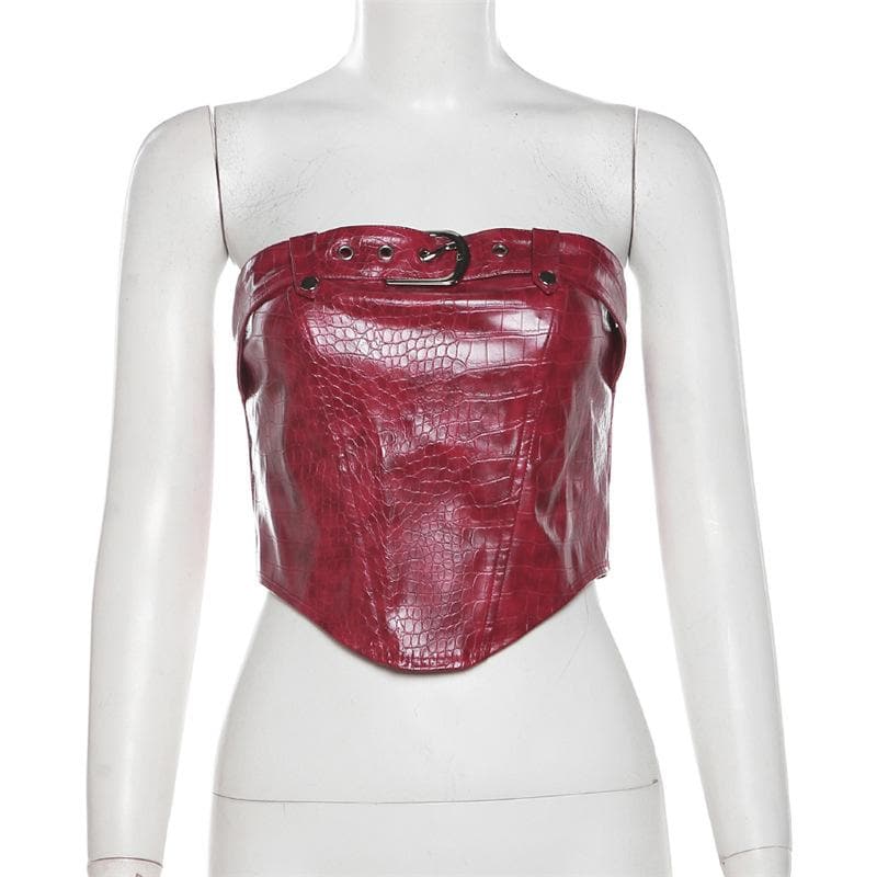 PU leather buckle backless zip-up crop tube top – image 3