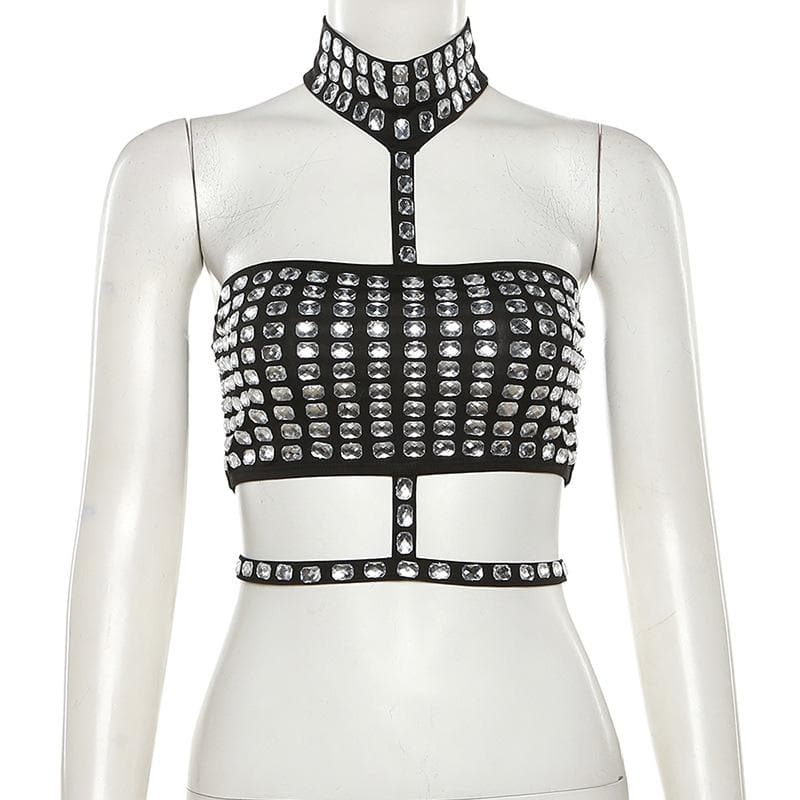 Beaded contrast halter hollow out backless crop cut out top – image 4