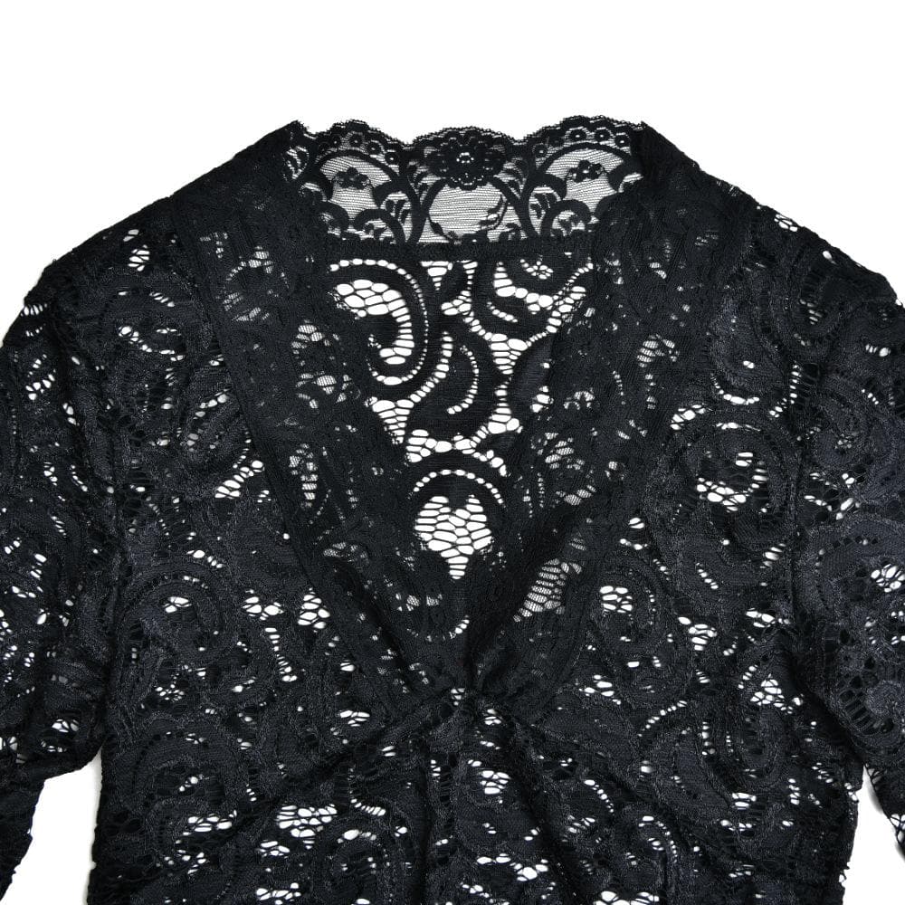 Flared sleeve v neck lace see through solid top – image 8
