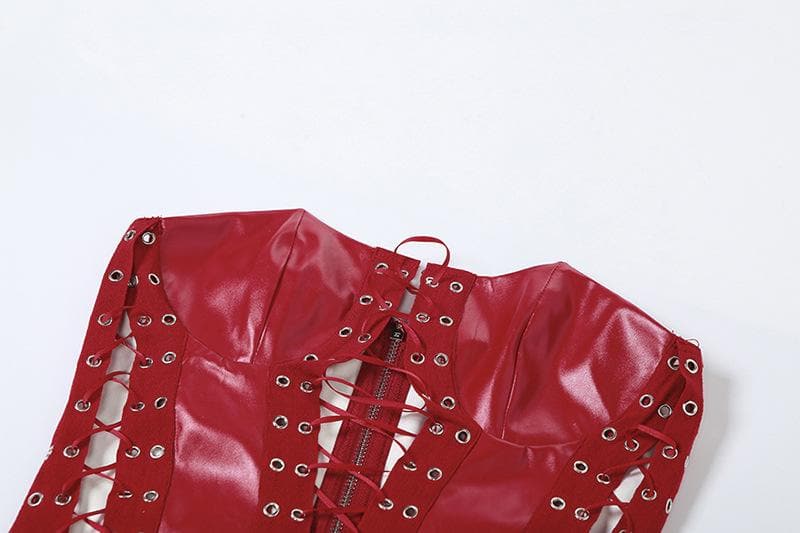 Lace up zip-up PU leather solid corset tube top – image 7