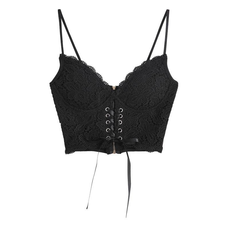 V neck heart neck solid lace up zip-up lace hem cami top – image 7