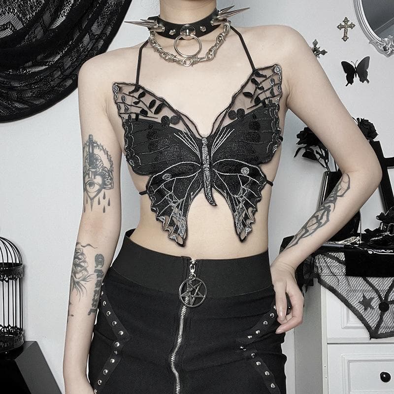 Butterfly pattern embroidery halter self tie backless crop top – image 3