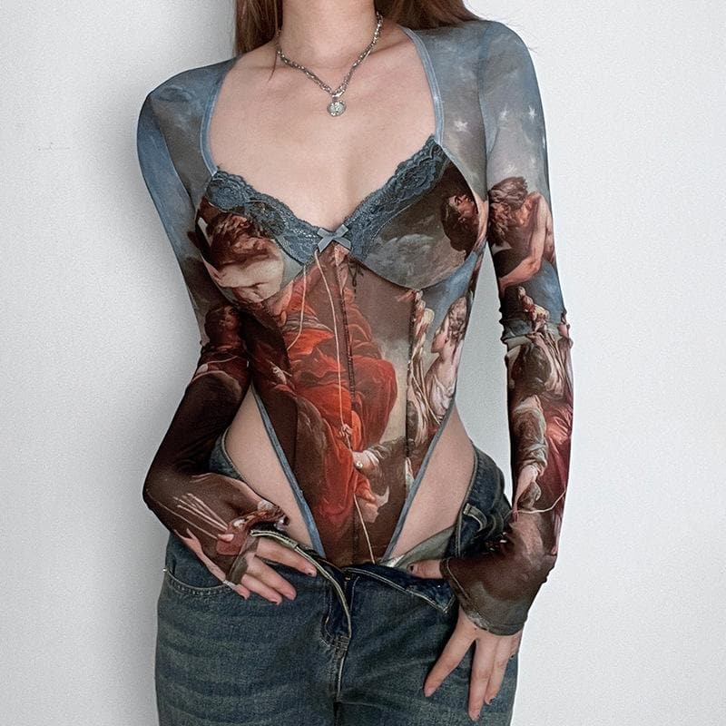 Abstract contrast mesh long sleeve lace hem bodysuit – image 2