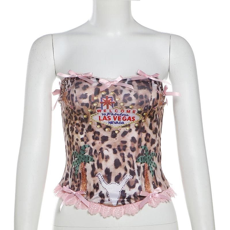 Bowknot leopard print lace hem backless tube top – image 3