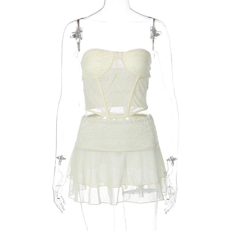 Mesh solid sleeveless backless lace hem tube top skirt set – image 6