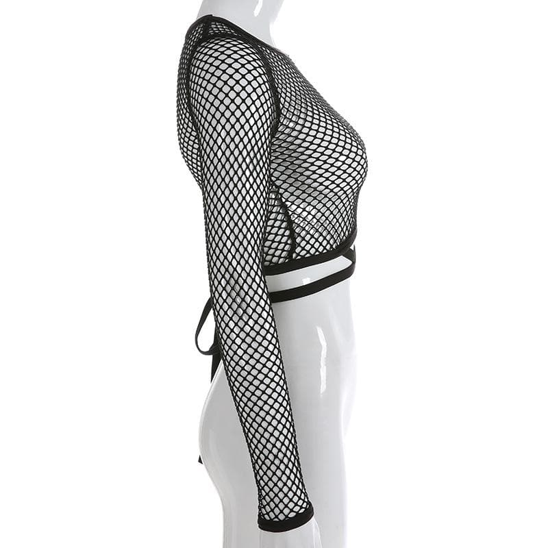 Round neck long sleeve tie back fishnet top – image 4
