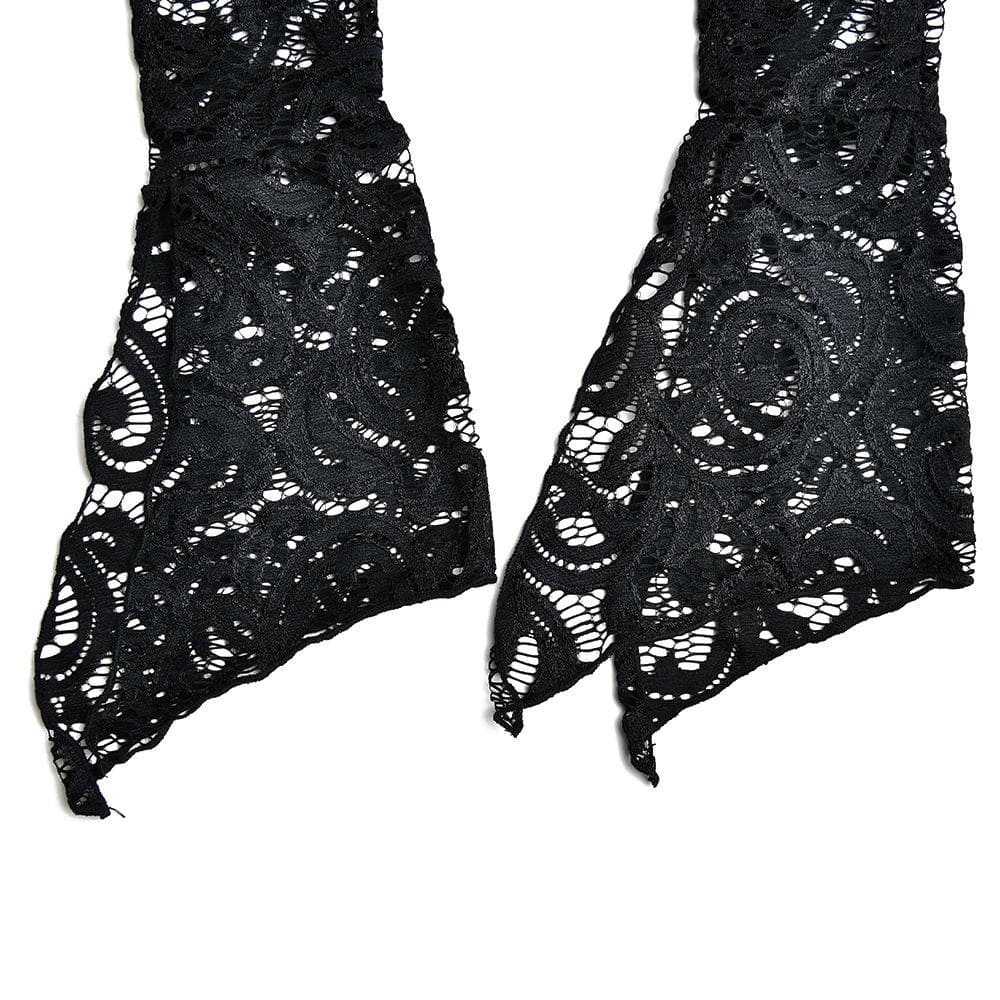 Flared sleeve v neck lace see through solid top – image 9