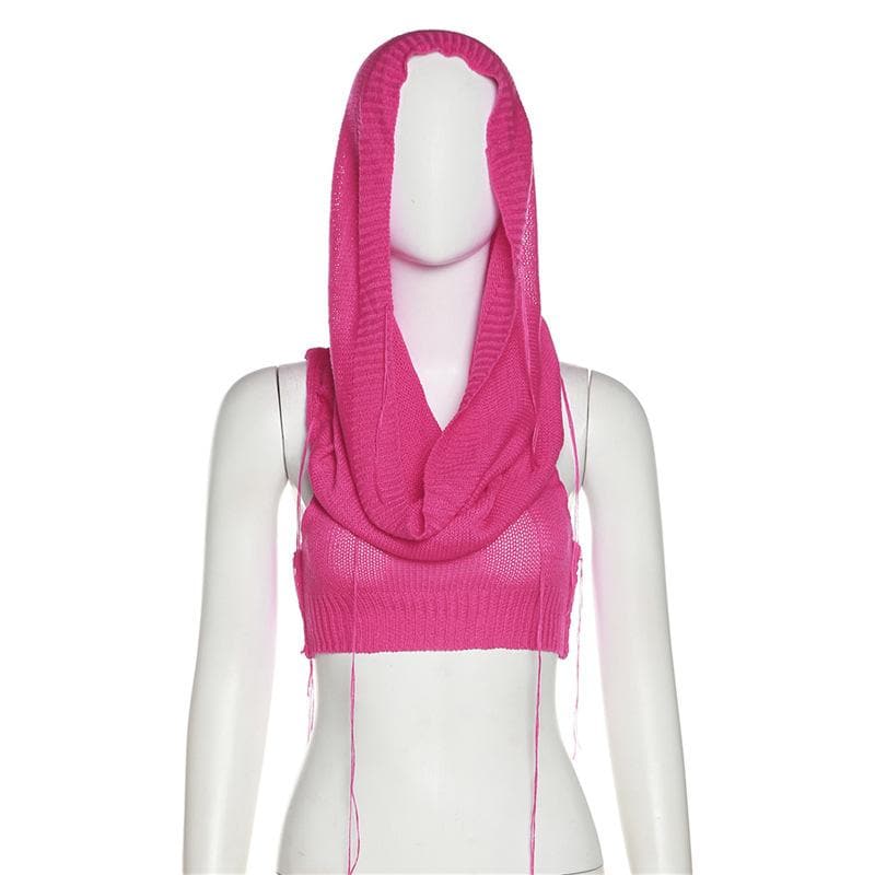 Solid sleeveless knitted stitch hoodie crop top – image 10