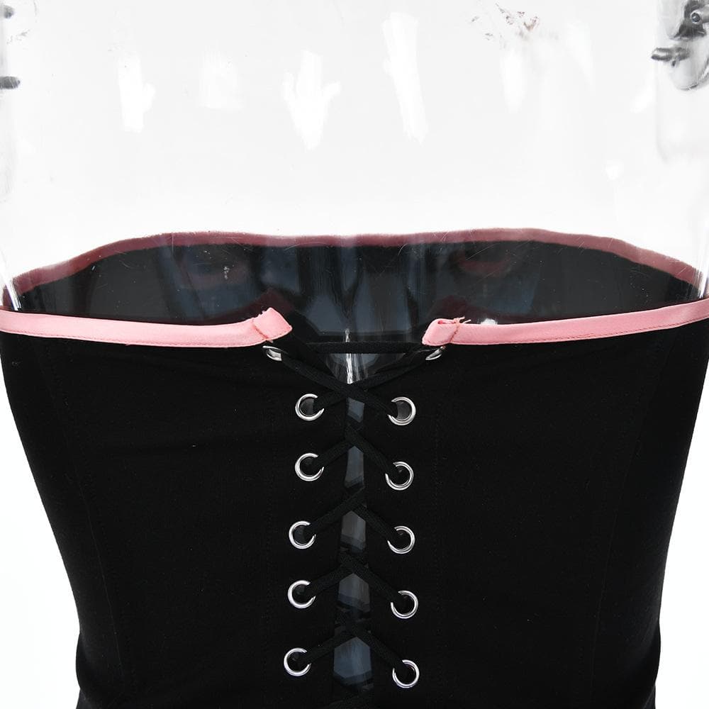 Mesh contrast bowknot gloves lace up tube backless mini skirt set – image 7