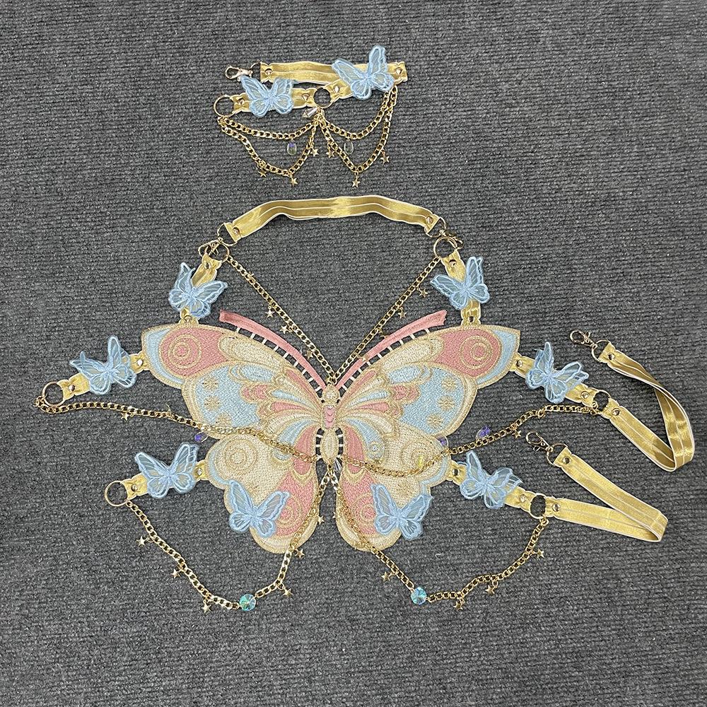 Butterfly embroidery metal chain halter top with choker – image 18