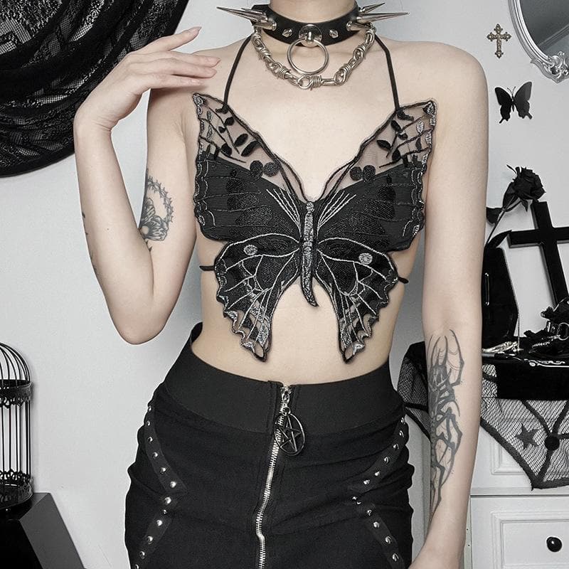 Butterfly pattern embroidery halter self tie backless crop top – image 4