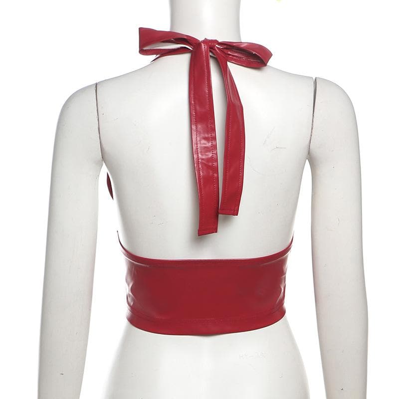 Halter PU leather V neck corset button top – image 5