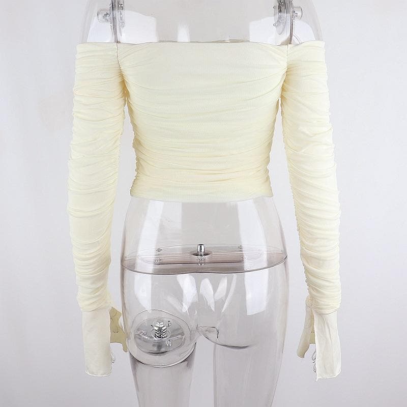 Double layered mesh off shoulder ruched long sleeve solid crop top – image 11