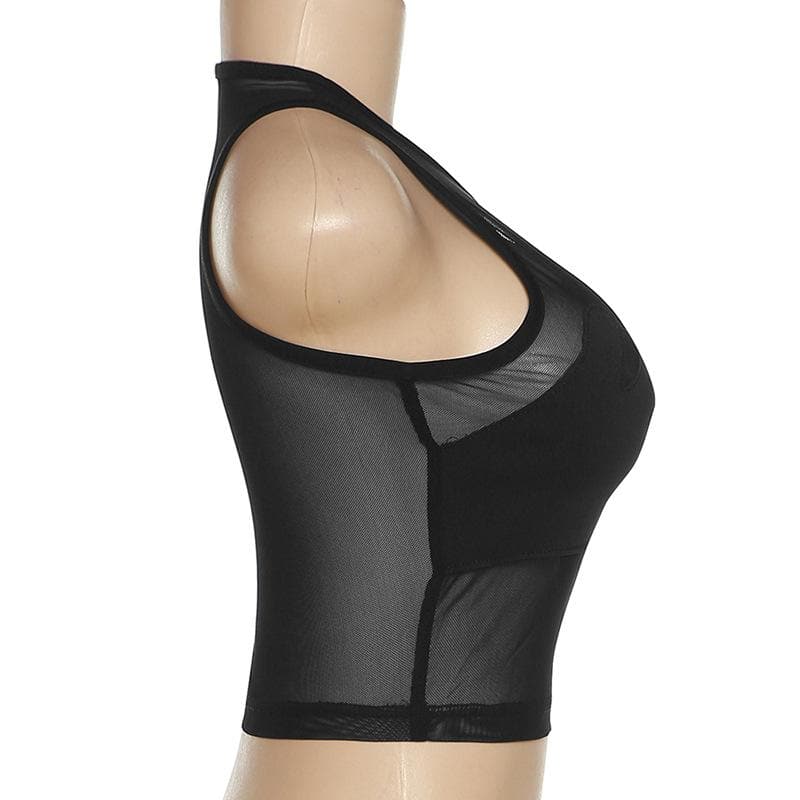 Sheer mesh see through palm embroidered crewneck crop top – image 4
