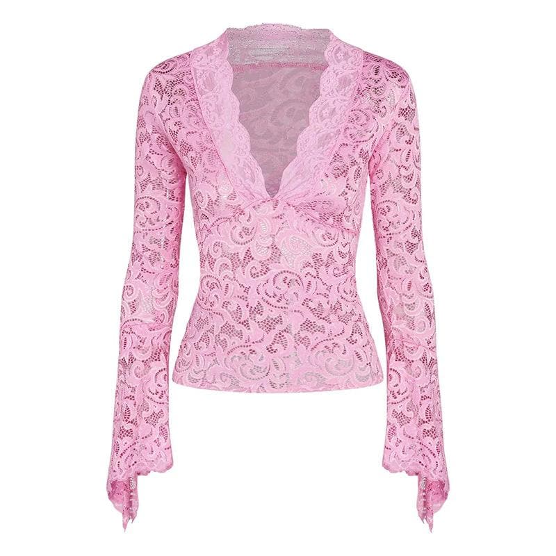 Flared sleeve v neck lace see through solid top – image 2