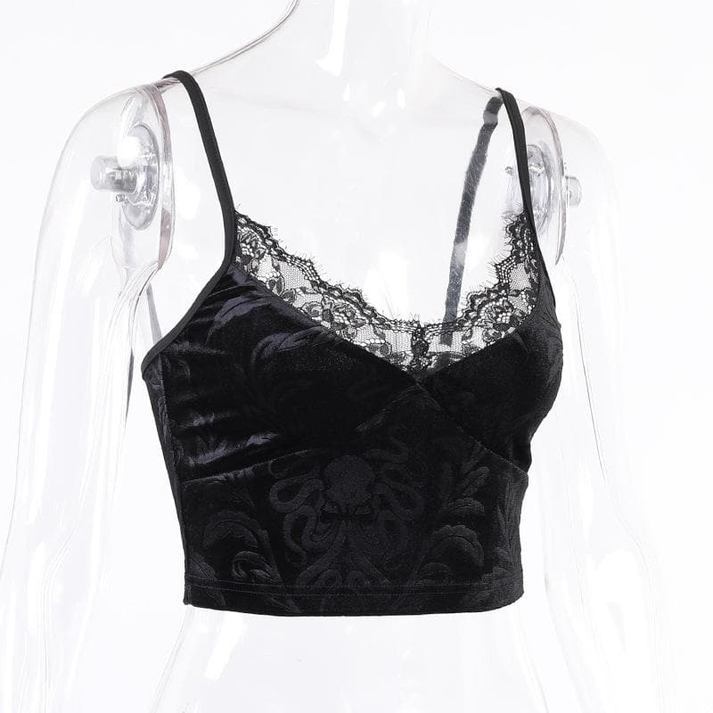 Velvet pattern eyelash lace v neck cami top – image 4