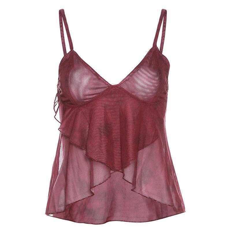 Sheer mesh see through v neck ruffle backless cami crop top – image 3