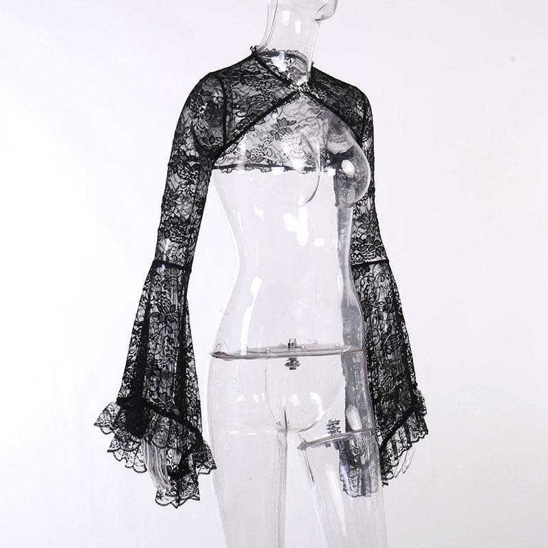Solid flared sleeve lace hem button hollow out shrug cut out top – image 4
