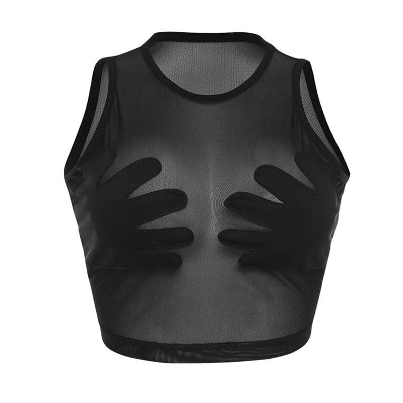 Sheer mesh see through palm embroidered crewneck crop top – image 2