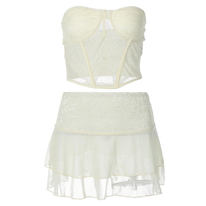 Mesh solid sleeveless backless lace hem tube top skirt set – image 5