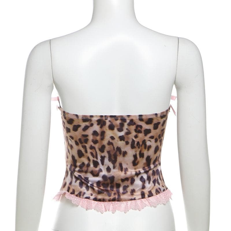 Bowknot leopard print lace hem backless tube top – image 5